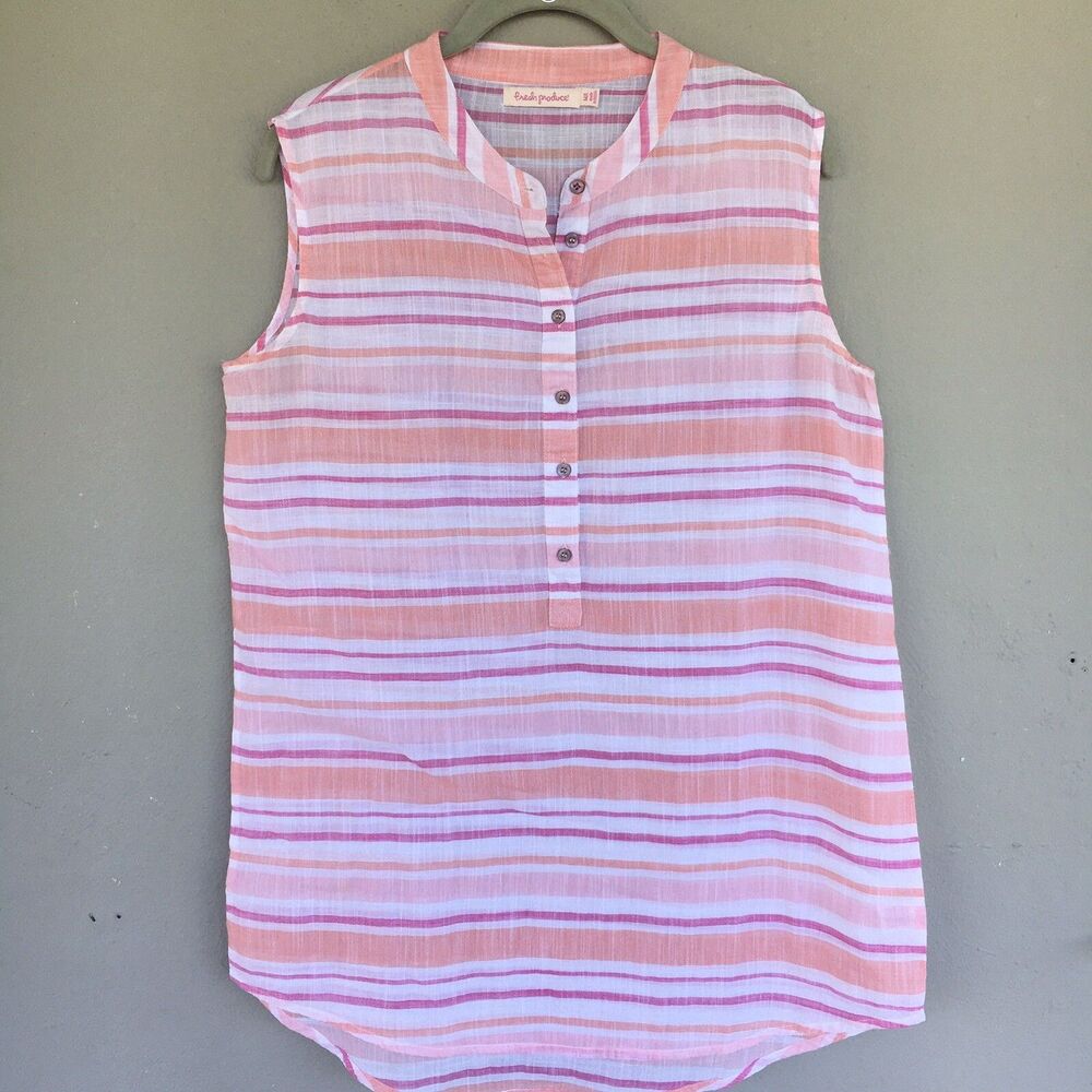 Fresh Produce Sleeveless Top Women M/L Pink Stripe Button Light Tunic Boho Beach